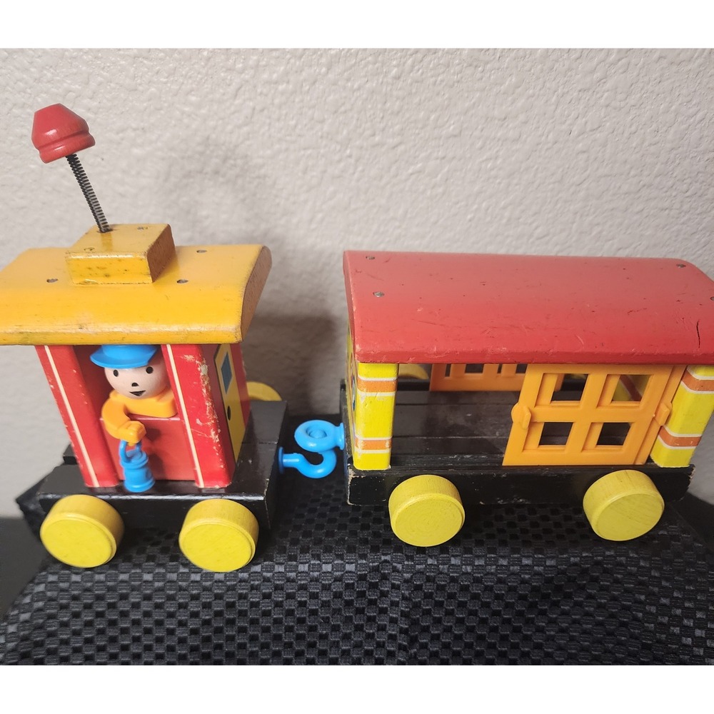 Vintage Fisher Price Wooden Train Caboose, Animal Car Set Red Yellow